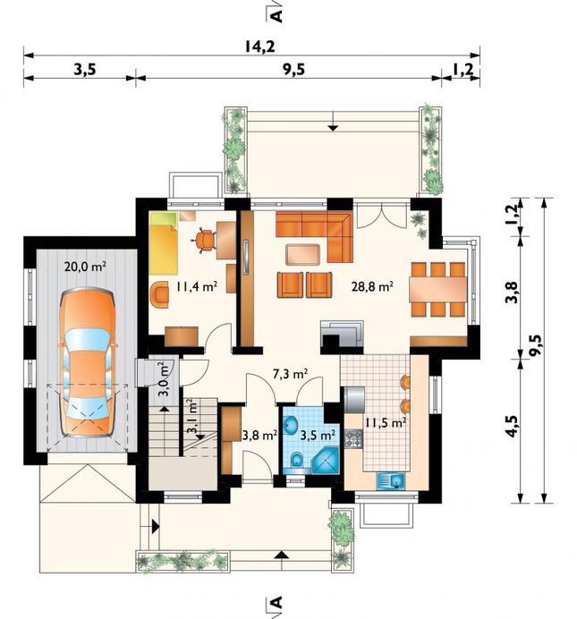 Rzut parteru POW. 92,4 m²
