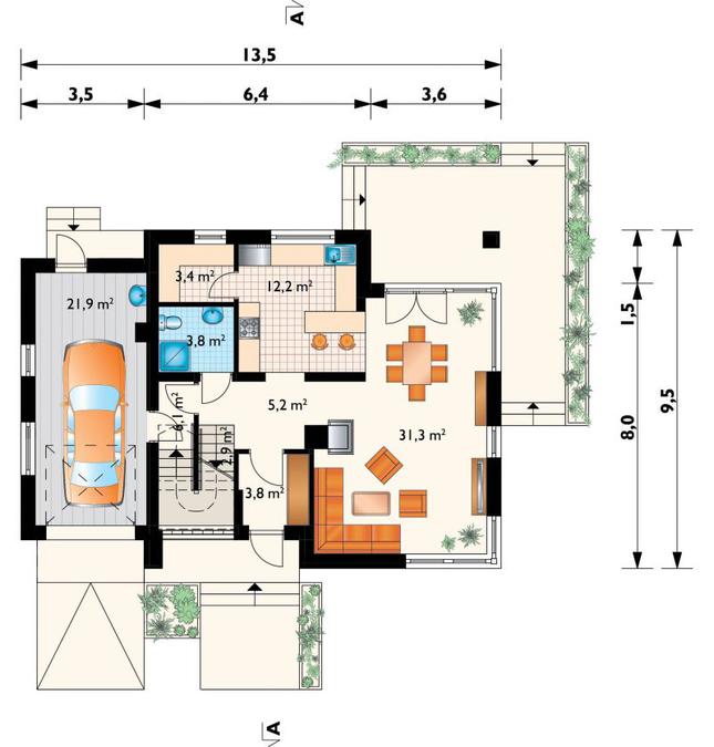 Rzut parteru POW. 91,2 m²
