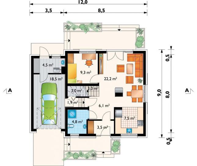 Rzut parteru POW. 84,3 m²