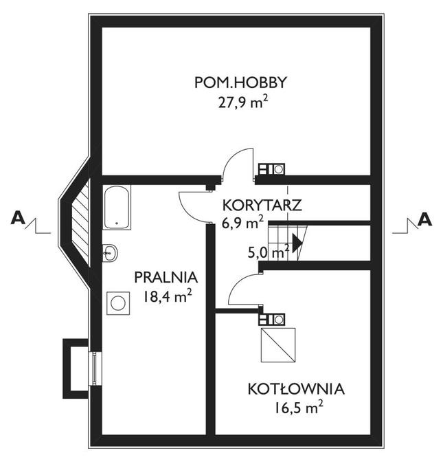 Rzut piwnicy lustro POW. 74,7 m²