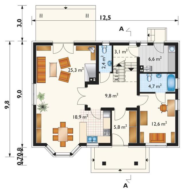 Rzut parteru POW. 92,3 m²