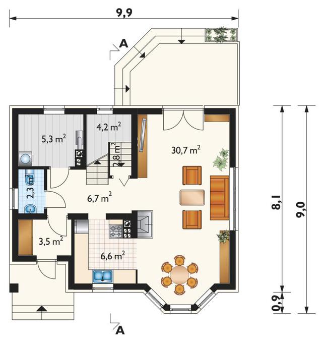 Rzut parteru POW. 62,1 m²
