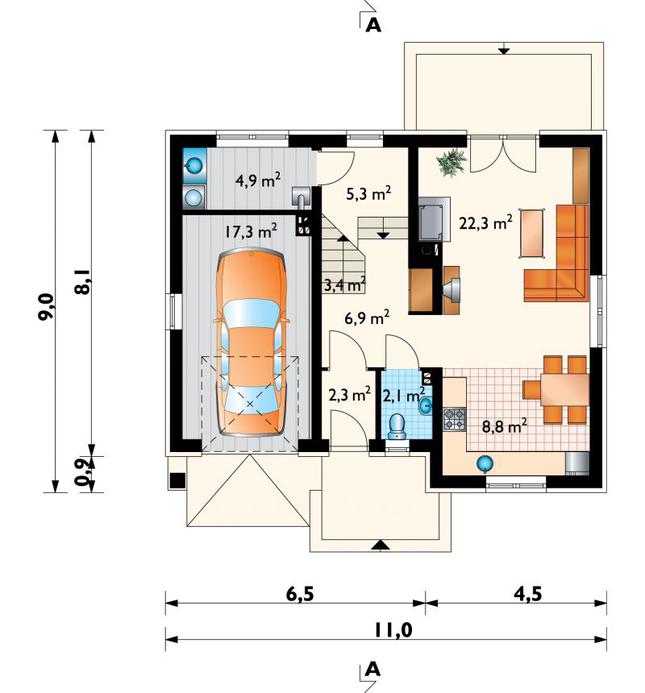 Rzut parteru POW. 73,3 m²