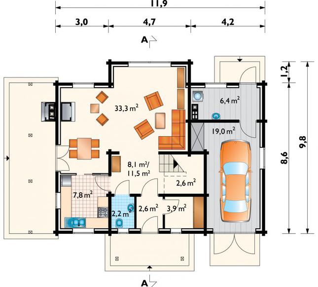 Rzut parteru lustro POW. 89,3 m²