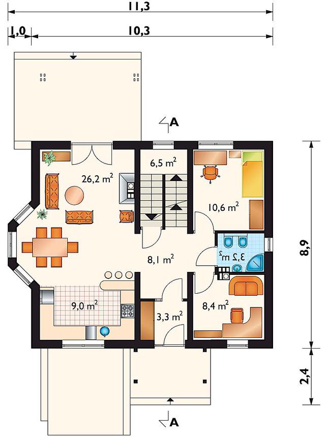 Rzut parteru lustro POW. 75,3 m²