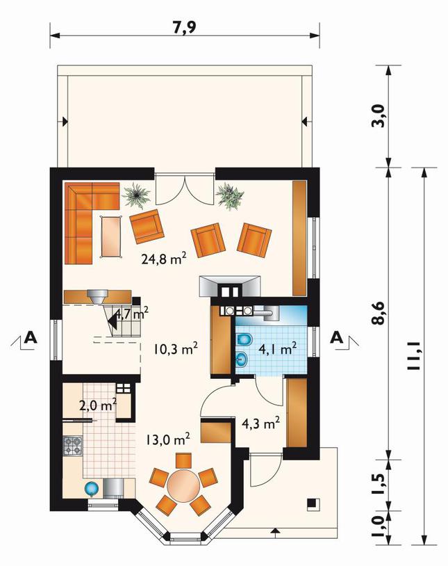 Rzut parteru lustro POW. 62,0 m²