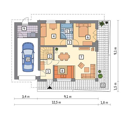 Rzut parteru POW. 83,7 m²
