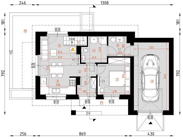 Rzut parteru POW. 65,0 m²