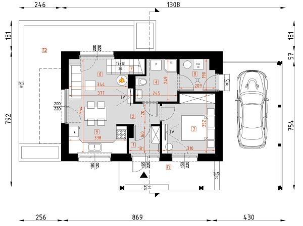 Rzut parteru POW. 43,4 m²