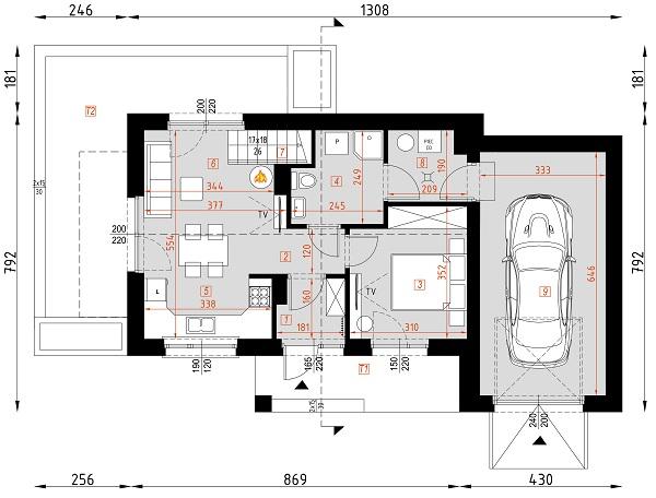 Rzut parteru POW. 65,0 m²