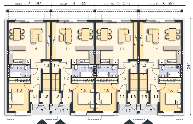 Rzut parteru: mieszkanie 1 (parter) 56,0 m2 p.u. POW. 59,1 m²
