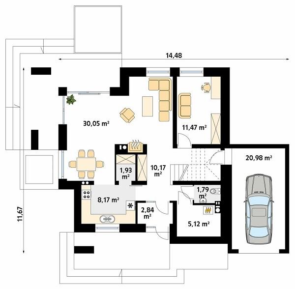 Rzut parteru POW. 92,5 m²