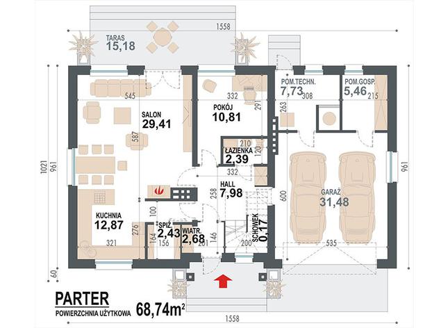 Rzut parteru POW. 113,4 m²