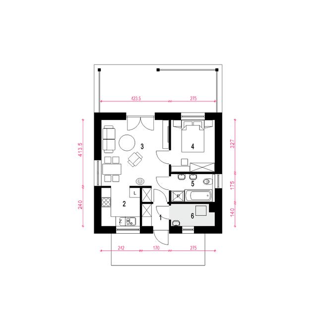 Rzut parteru POW. 43,8 m²