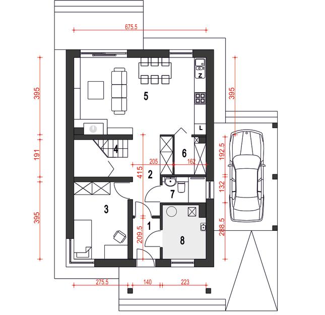 Rzut parteru POW. 65,3 m²