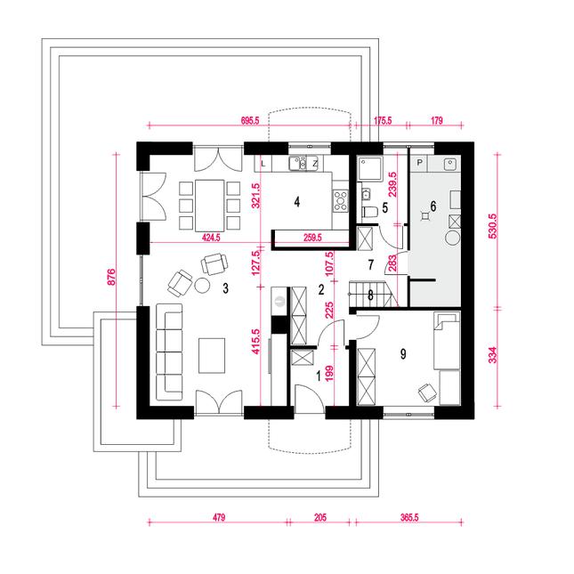 Rzut parteru POW. 90,6 m²