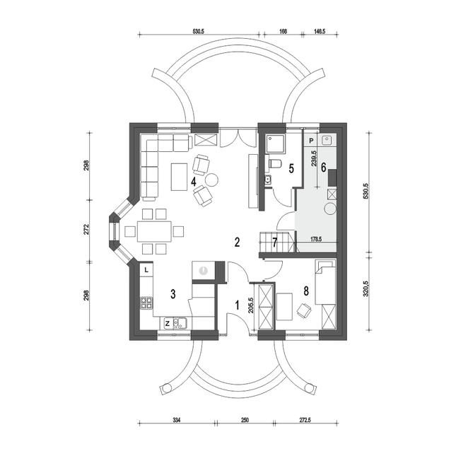 Rzut parteru POW. 74,3 m²