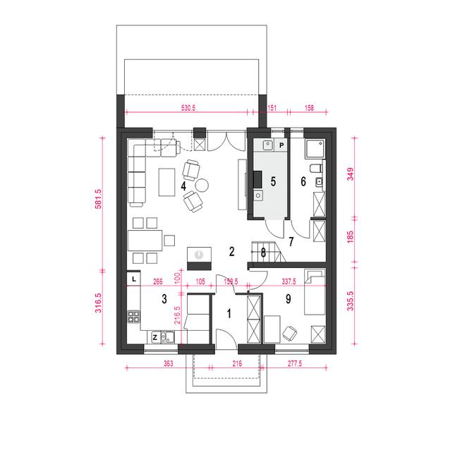 Rzut parteru POW. 75,9 m²