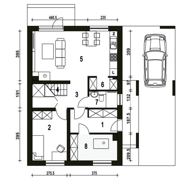 Rzut parteru POW. 65,5 m²