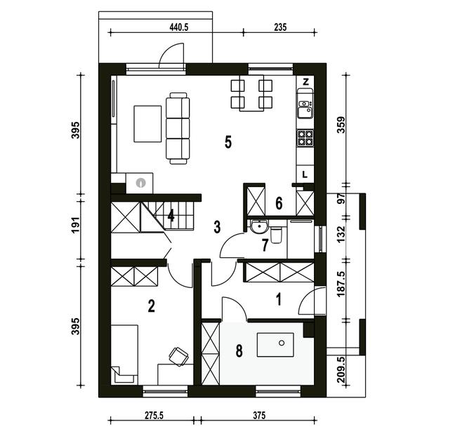 Rzut parteru POW. 65,5 m²