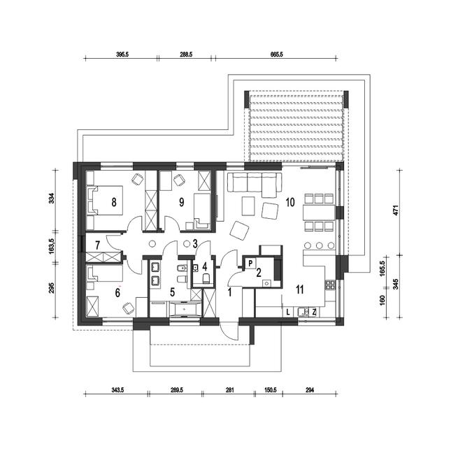 Rzut parteru POW. 104,9 m²