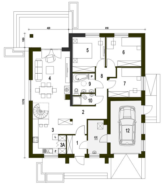 Rzut parteru POW. 123,9 m²