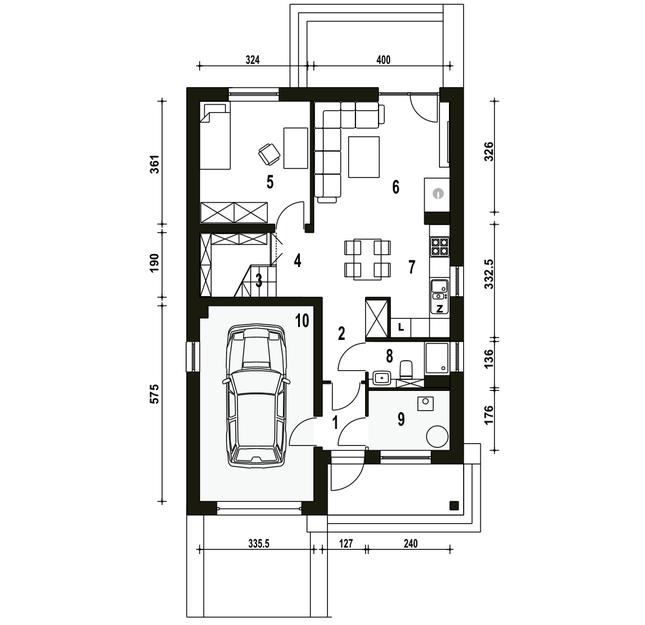 Rzut parteru POW. 74,8 m²