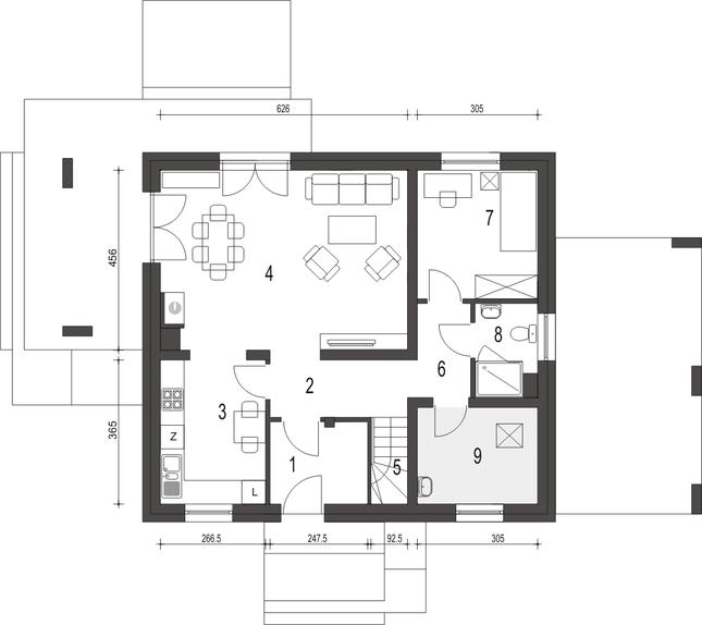Rzut parteru POW. 74,3 m²