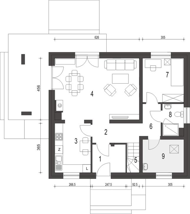 Rzut parteru POW. 74,3 m²