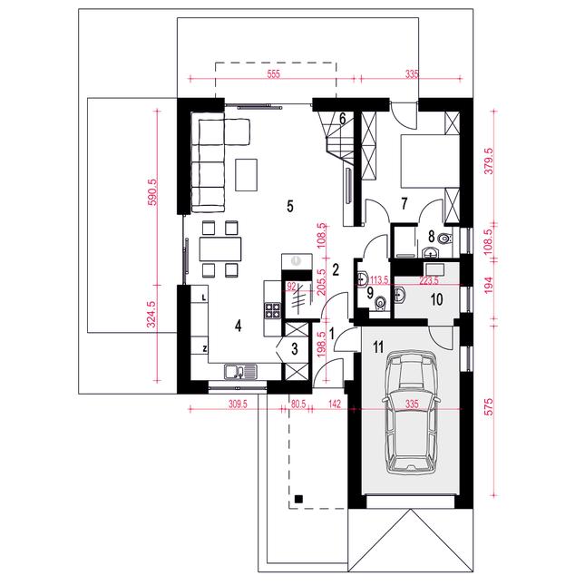 Rzut parteru POW. 90,8 m²