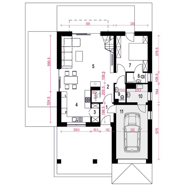 Rzut parteru POW. 90,8 m²