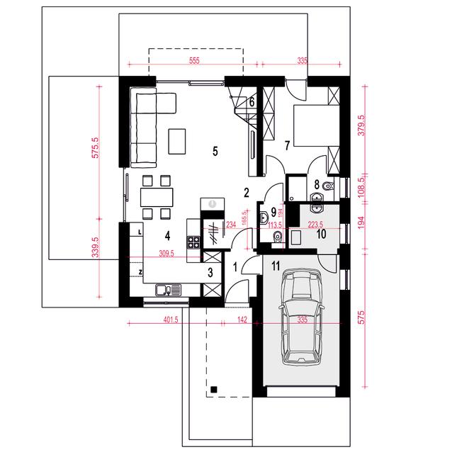 Rzut parteru POW. 90,8 m²
