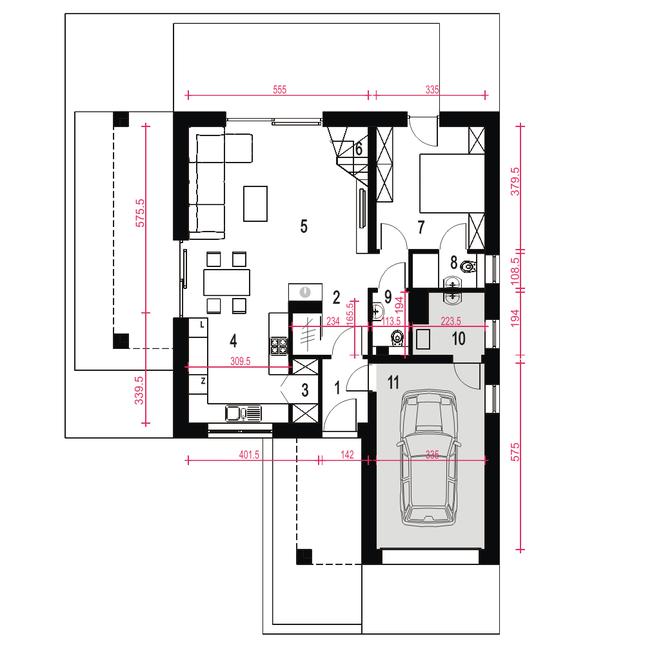 Rzut parteru POW. 90,8 m²