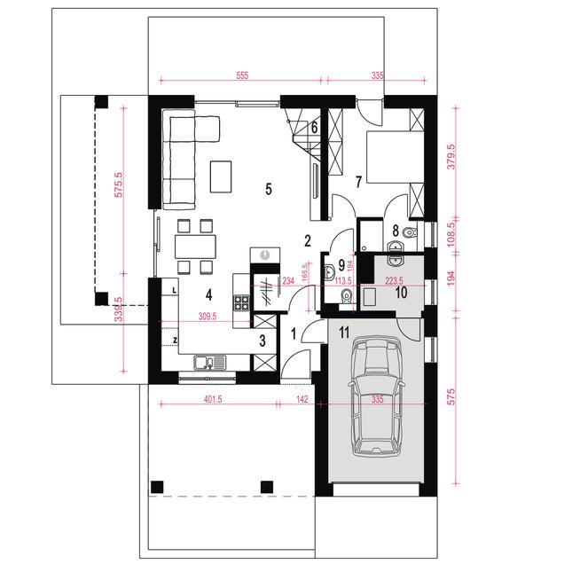 Rzut parteru POW. 90,8 m²