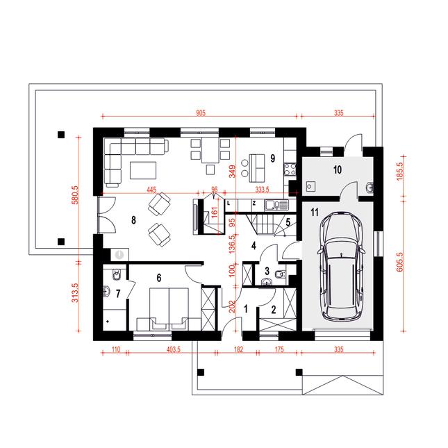 Rzut parteru POW. 104,0 m²
