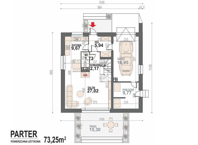 Rzut parteru POW. 73,3 m²