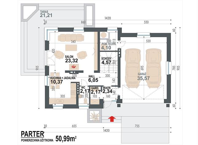 Rzut parteru POW. 90,7 m²