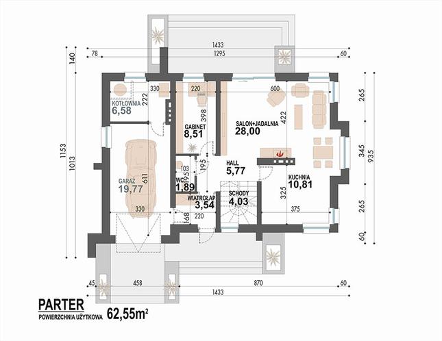 Rzut parteru POW. 88,9 m²