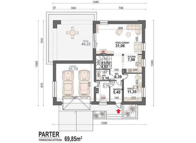 Rzut parteru POW. 107,4 m²