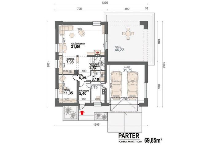 Rzut parteru lustro POW. 107,4 m²