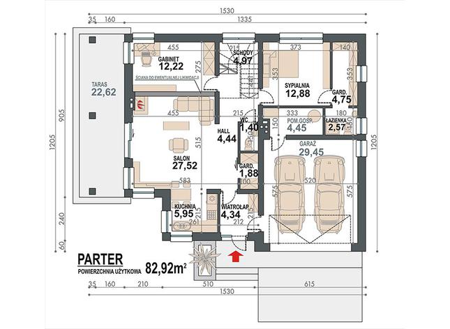 Rzut parteru POW. 116,8 m²