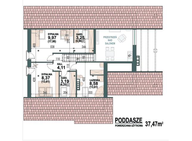 Rzut poddasza lustro POW. 62,5 m²