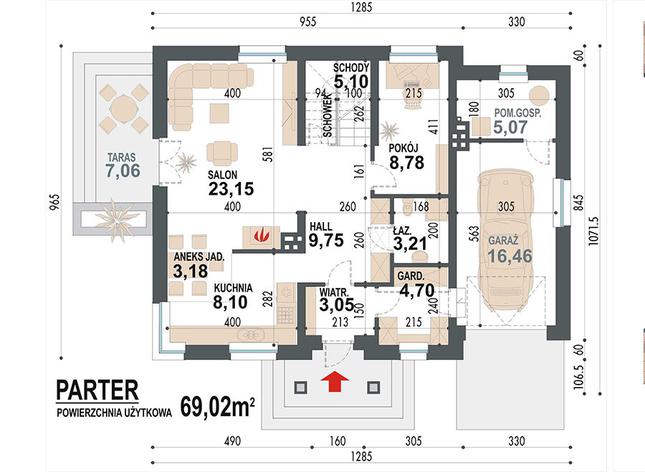 Rzut parteru POW. 90,6 m²