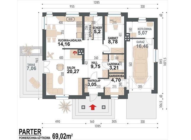 Rzut parteru POW. 90,7 m²