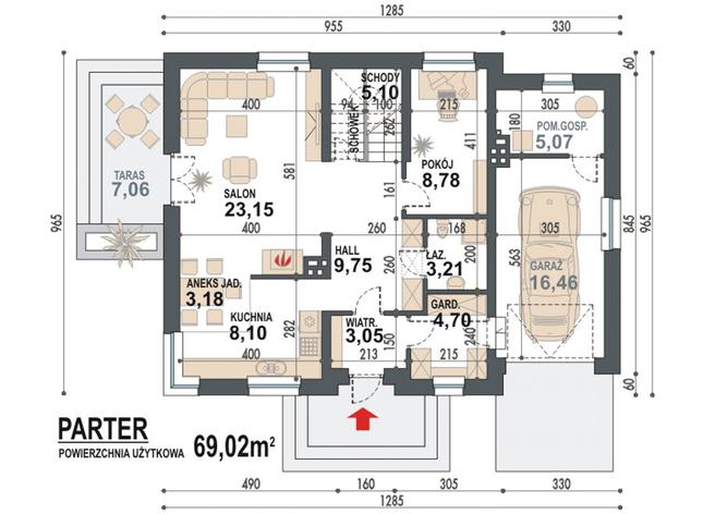 Rzut parteru POW. 90,6 m²