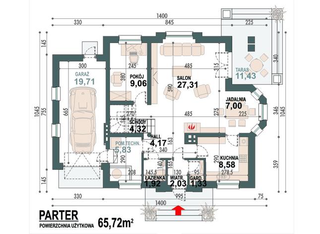 Rzut parteru POW. 91,3 m²