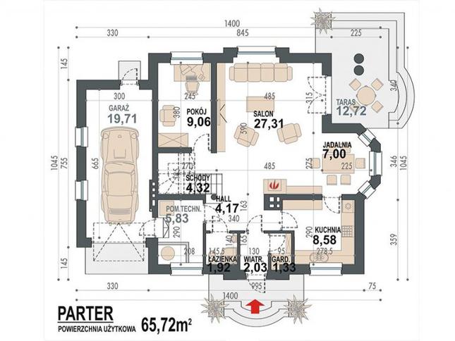 Rzut parteru POW. 91,3 m²