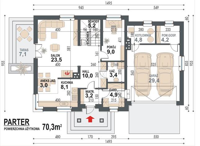 Rzut parteru POW. 108,7 m²