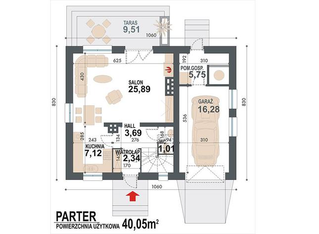 Rzut parteru POW. 62,1 m²