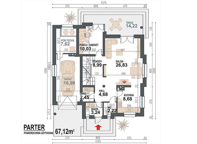 Rzut parteru POW. 91,7 m²